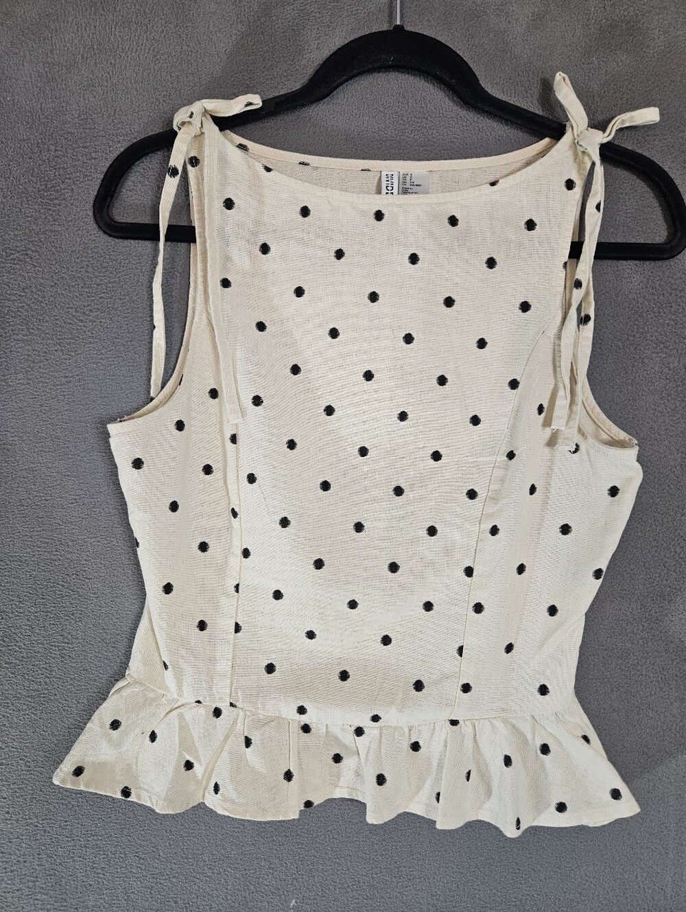 H&M Divided Womens Small Tank Top Shirt Beige Polka-dot Linen Blend Boatneck Bow